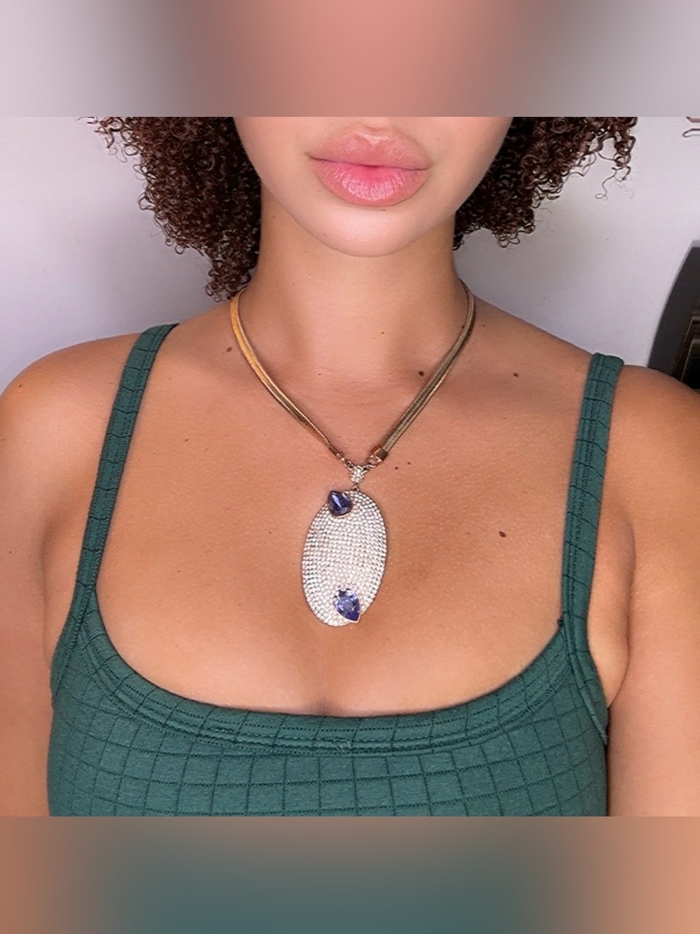 Crystal Pavé Oval Pendant Necklace with Blue Gem Accents